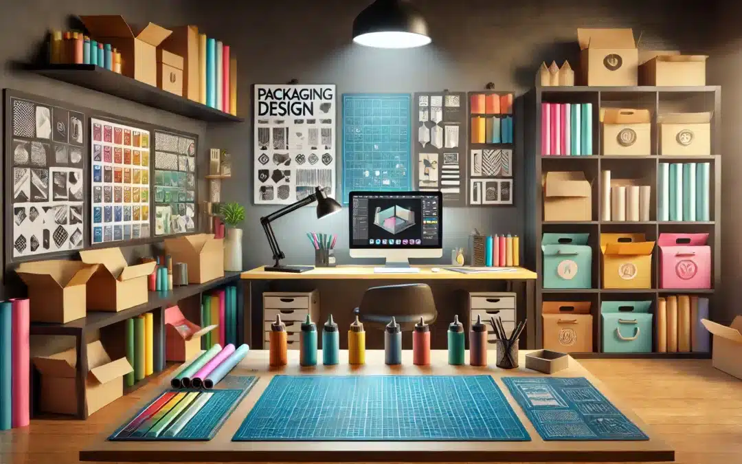 A modern creative workspace with a sleek desk surrounded by colorful customized packaging boxes, design tools like rulers and precision knives, and shelves in the background filled with materials and design samples. Bright lighting highlights the vibrant colors and intricate details of the packaging designs.